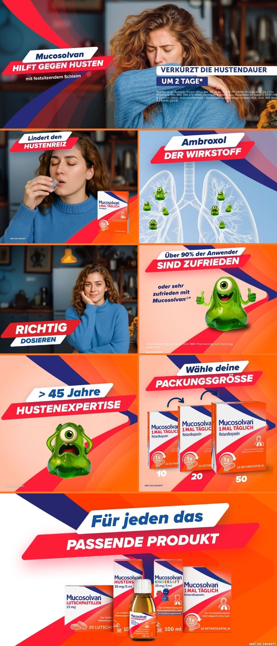 Collage: Produktvorteile, Dosierung, Hustenexpertise, Packungsgrößen, Produktvielfalt.